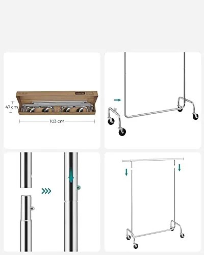 IRENE ruhatartó állvány kerekekkel, max. 130kg, 150x45x160cm, ezüst SongmicsHome