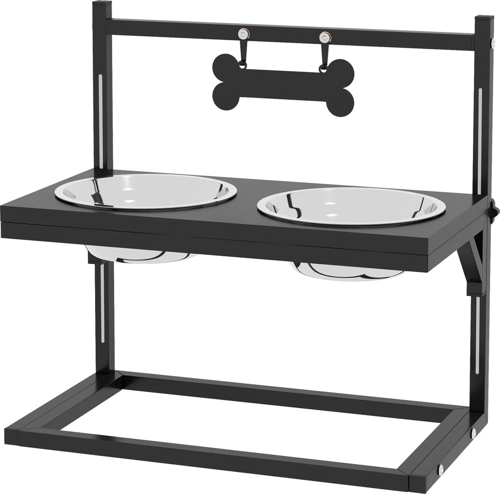 PawHut Emeltetett Kutya Tál Magasságban Állítható Étel Tál Állvánnyal Csontformájú Fém Lappal, 2 x 900ml Rozsdamentes Acél Tálak, Állítható Kutya Tál