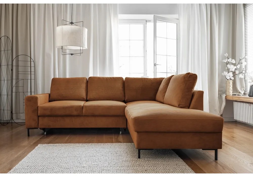 Narancssárgásbarna kordbársony kinyitható sarokkanapé (jobb oldali) Lofty Lilly – Miuform