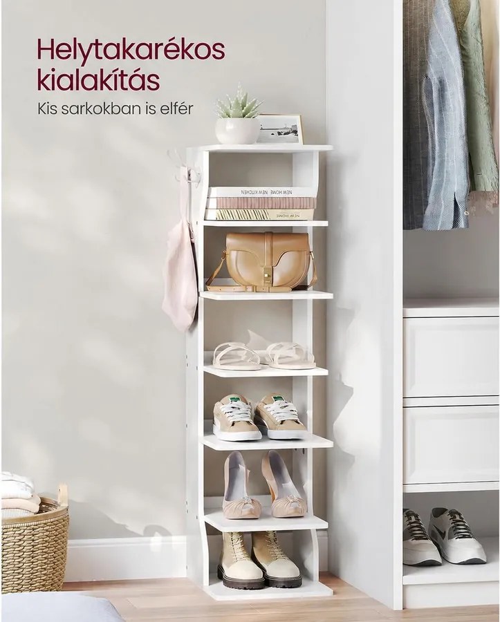 7 szintes keskeny cipőtartó 2 akasztóval, 26,4 × 30 × 110,4 cm, fehér