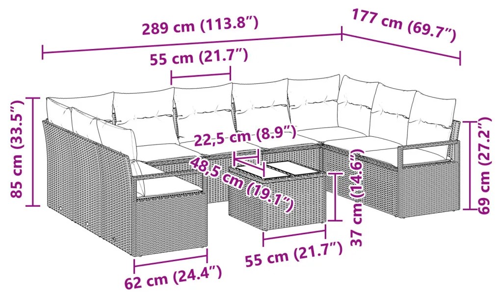 9 részes kert kanapé szett párnákkal szürke poli rattan