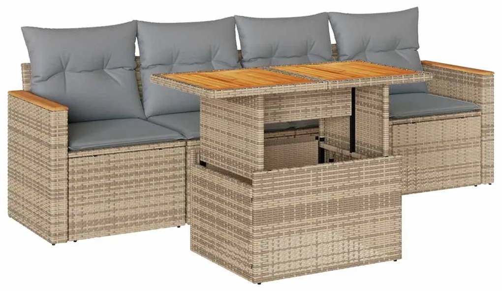 5 részes bézs polyrattan és akácfa kerti ülőgarnitúra párnákkal