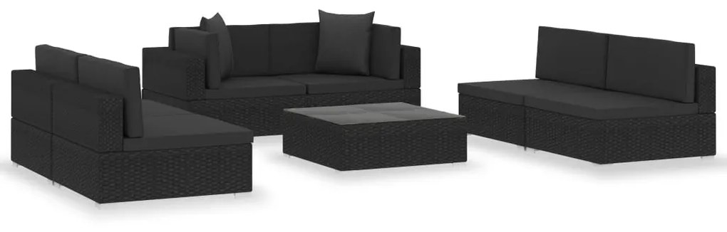 7 részes fekete polyrattan kerti társalgószett párnákkal