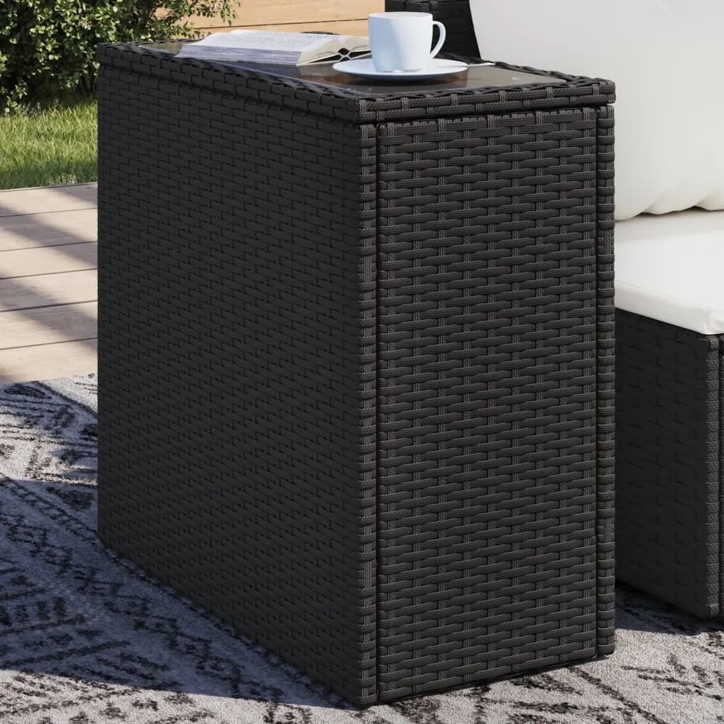 fekete polyrattan üveglapos kerti kisasztal 58 x 27,5 x 55 cm