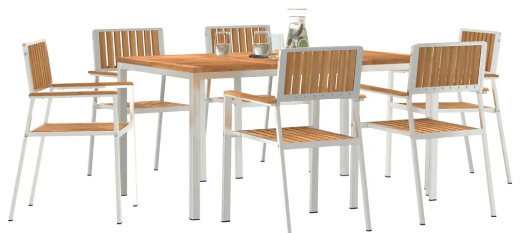 7 részes kert étkező szett tömör tíkfából, kültéri étkezőasztal 150x90x75 cm tömör tíkfából, összecsukható kerti székek 2 db tömör tíkfából és fémből, összecsukható kerti székek 4 db tömör tíkfából és fémből