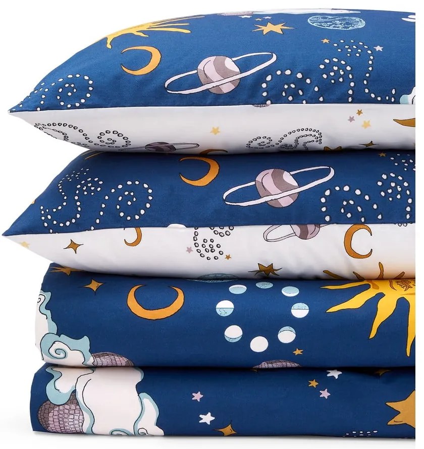 Fehér-kék kétszemélyes pamut ágyneműhuzat 200x200 cm Disco Space – Their Nibs