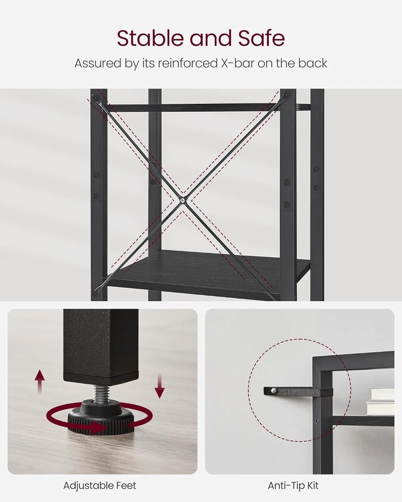 6 szintes könyvespolc, állópolc, fém kerettel, fekete