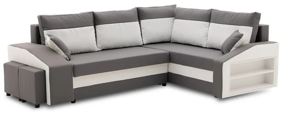 Grande sarokkanapé polcokkal és puffokkal , polc a jobb karfaban puffok a bal karfaban, jobboldali, szövet anyag, bonell töltet, szürke - fehér