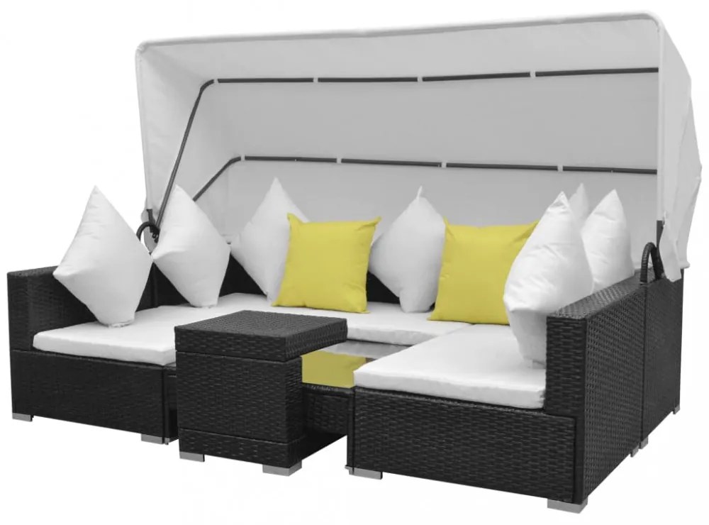 vidaXL 7 darabos fekete polyrattan kerti bútorszett napellenzővel