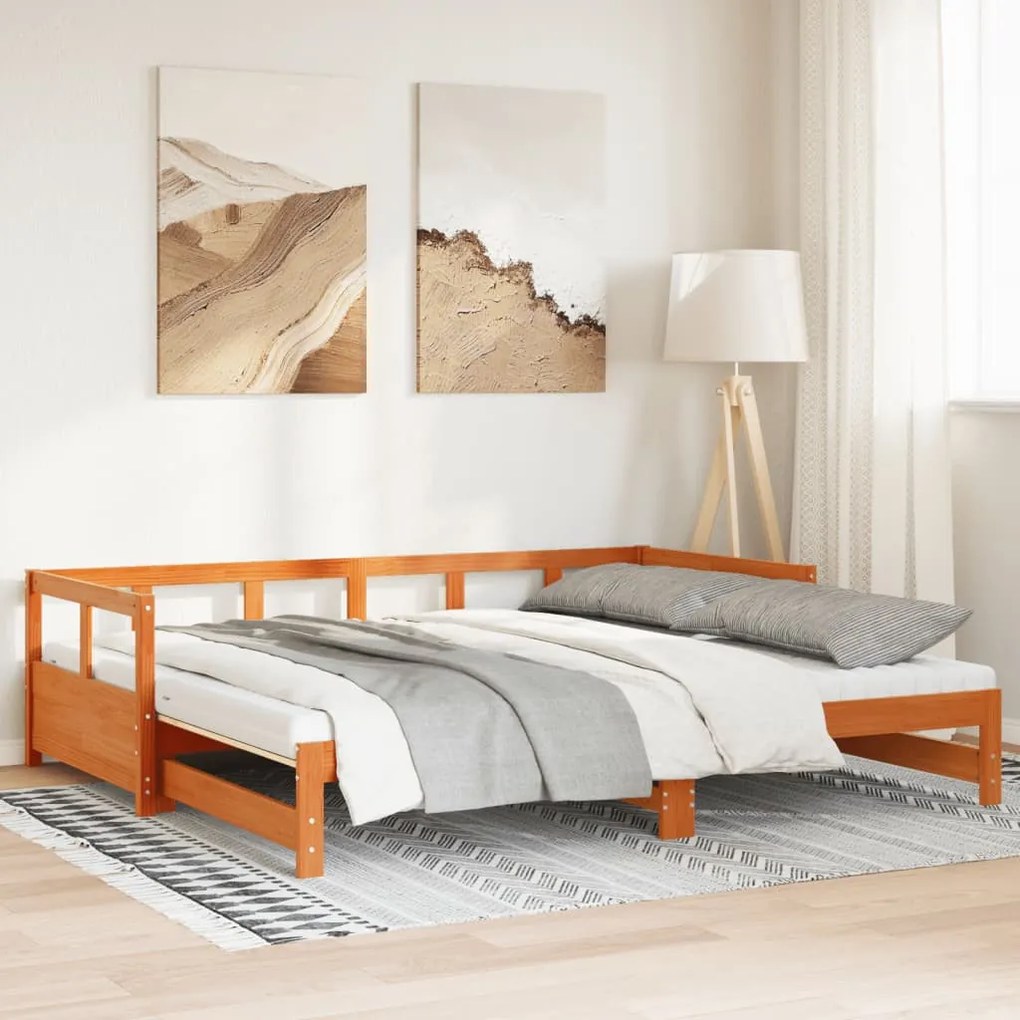 viaszbarna tömör fenyő kihúzható kanapéágy matracokkal 80x200cm