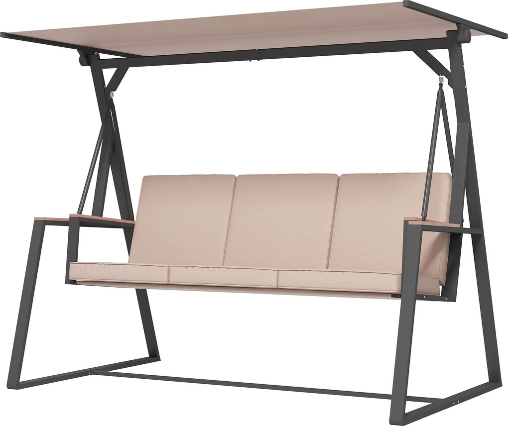 Outsunny Hollywood Hintaszék 3 Személyes Párnákkal, Állítható Napernyővel, Max. 300 kg Terhelhetőség, Khaki, 205 x 130 x 175 cm | Aosom
