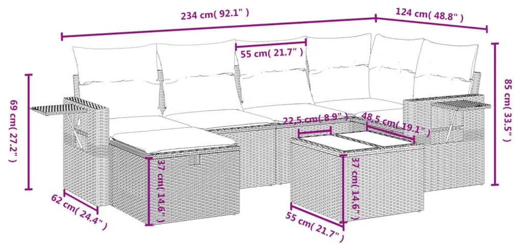 7 részes barna polyrattan kerti ülőgarnitúra párnákkal