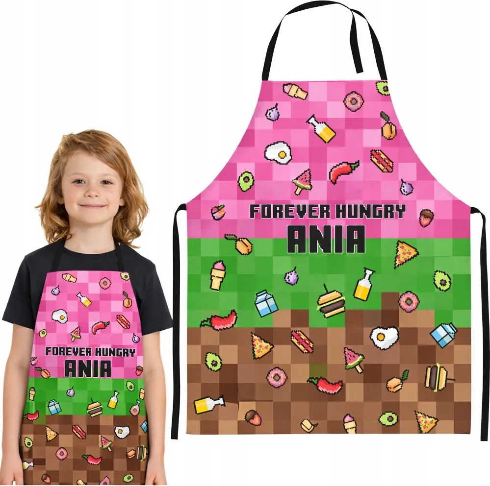 Gyerek konyhai kötény Full Print Névvel 6 éves Rózsaszín Pixelek