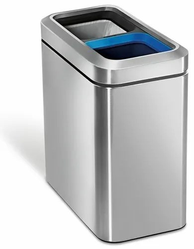 Szögletes nyitott szemetes 10 + 10 l-es szelektív hulladék tárolására, matt acél, rozsdamentes acél