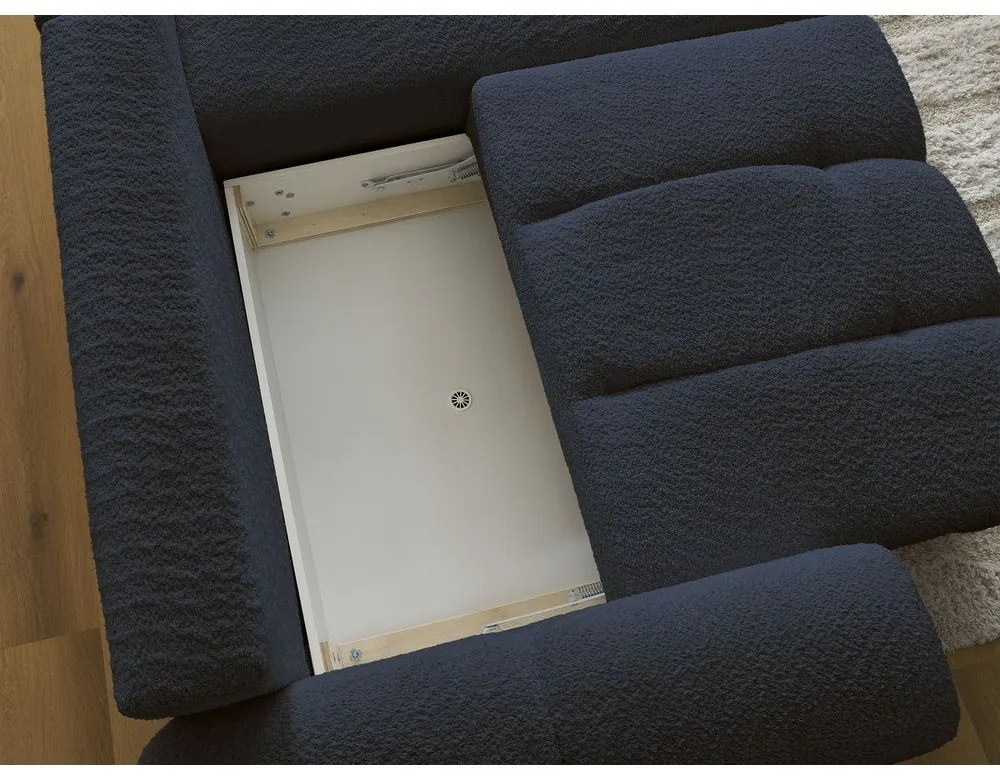 Kék buklé kinyitható-tárolóhelyes sarokkanapé (jobb oldali-heverő résszel) Roxelane – Bobochic Paris