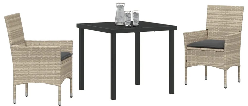3 Részes Kert Étkező Szett Párnákkal Világosszürke Műanyag Rattan, Kert Asztal Fekete 80x80x73 cm Edzett Üveg