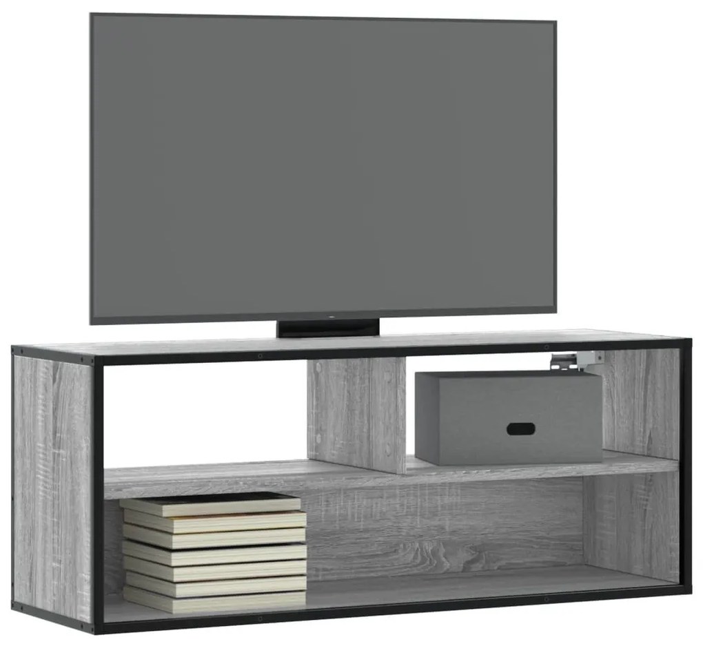 szürke sonoma színű szerelt fa és fém TV-szekrény 100x31x39,5cm