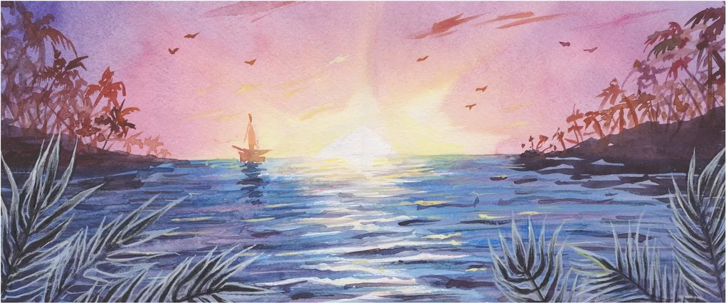 Kép - naplemente a víz felett, akvarell (120x50 cm)