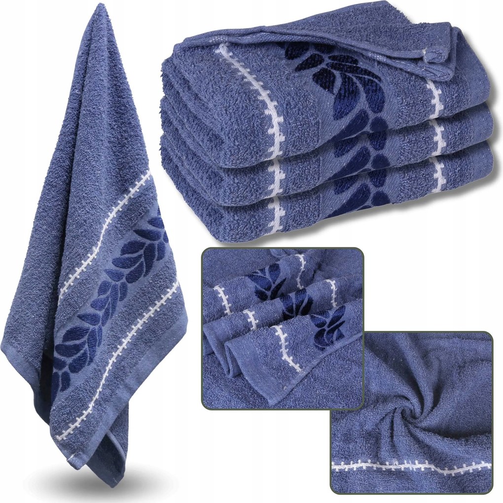 Kék hímzett pamut törölköző, fürdőlepedő levelek 70x135cm x3