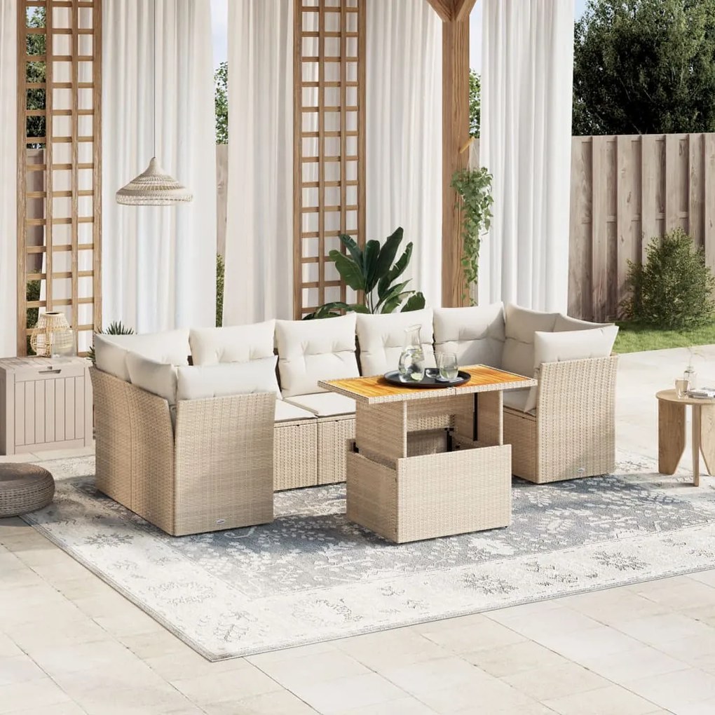 8 részes bézs polyrattan kerti ülőgarnitúra párnával