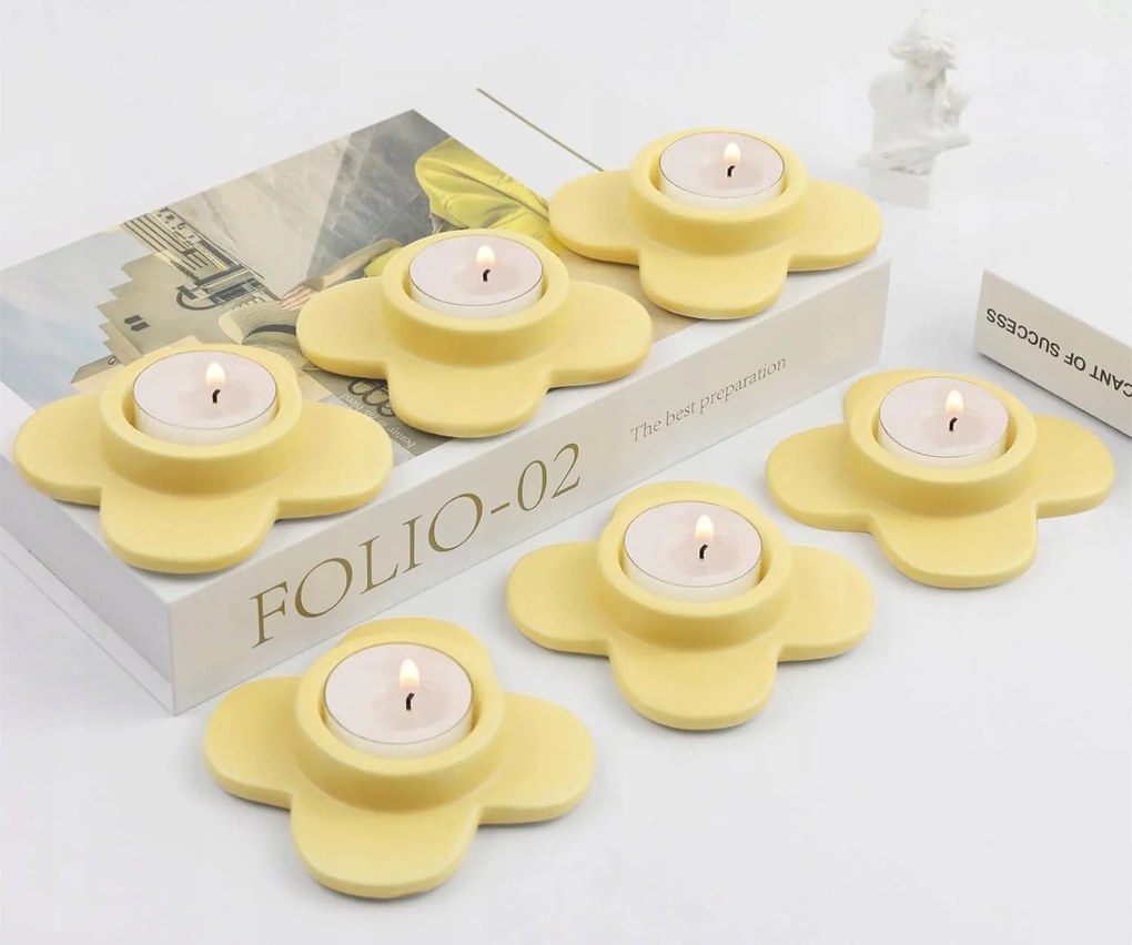 HofferRuffer Virág alakú Kerámia Gyertyatartó Szett 6 db-os Sárga