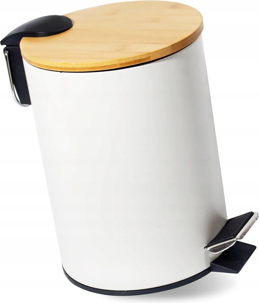 Fürdőszobai Szemetes Kosár 3L Kerek Fehér Matt Bambusz Pedállal Fém