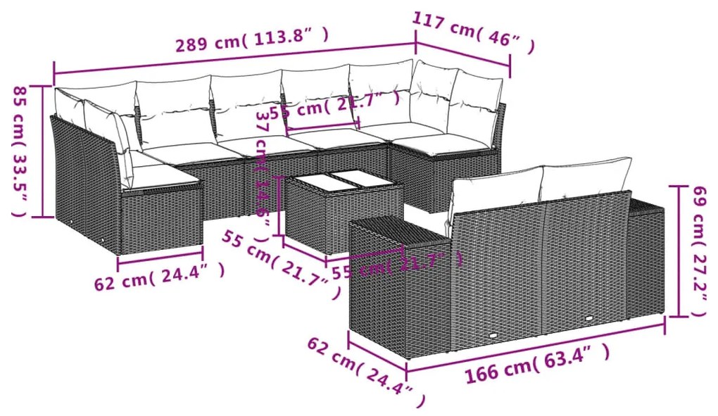 10 részes világosszürke polyrattan kerti ülőgarnitúra párnákkal