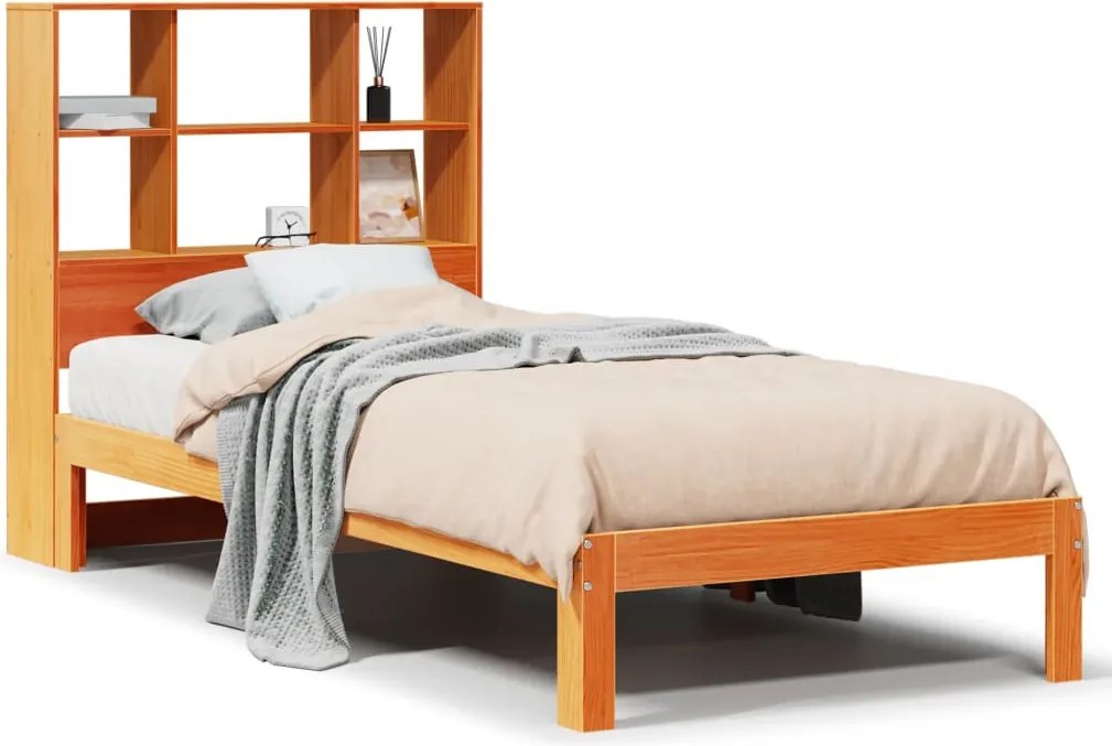 vidaXL barna tömör fenyőfa könyvespolcos ágy matrac nélkül 100 x 200cm