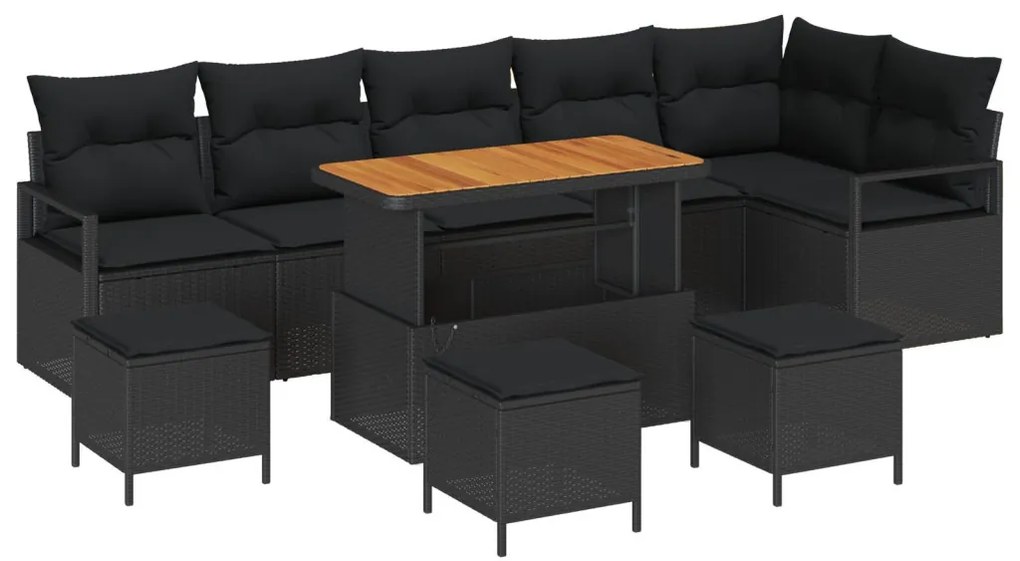 9 részes kerti kanapé szett párnákkal, fekete poli rattan akáccal, 2 fős kerti kanapé párnákkal, fekete poli rattan, 3 részes kerti étkező szett párnákkal, fekete poli rattan akáccal