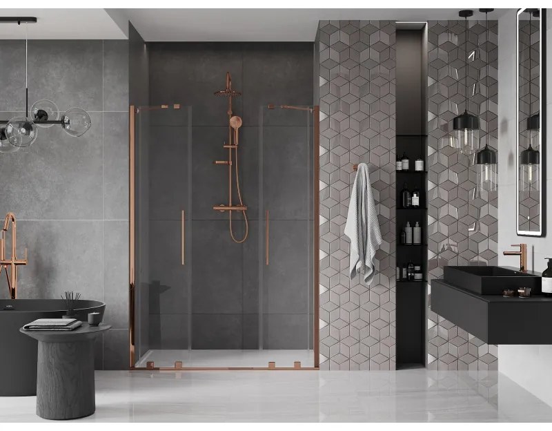 Mexen Velar Duo, nyitható tolóajtó 160x200 cm, 8mm átlátszó üveg, rózsa arany, 871-160-000-02-60