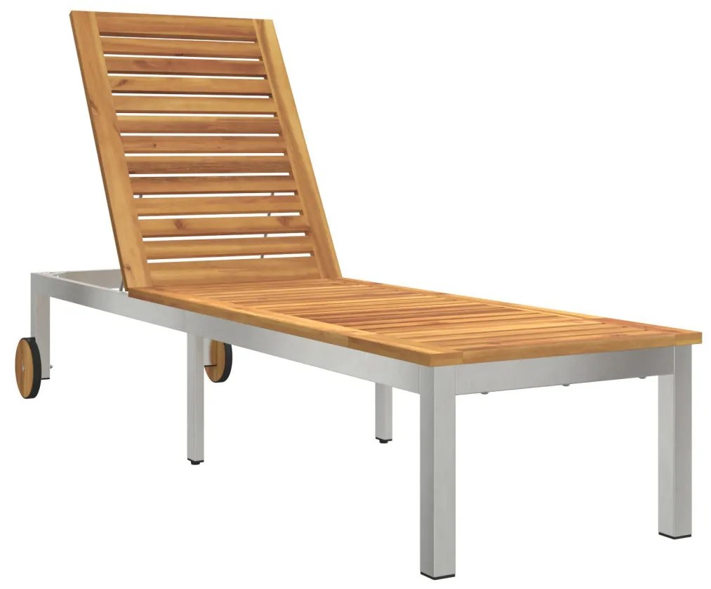 Napozóágy 2 db Asztallal Tömör Akácfából, Napozóágy Kerekekkel 207x58x35 cm Tömör Akácfa & Rozsdaálló Acél