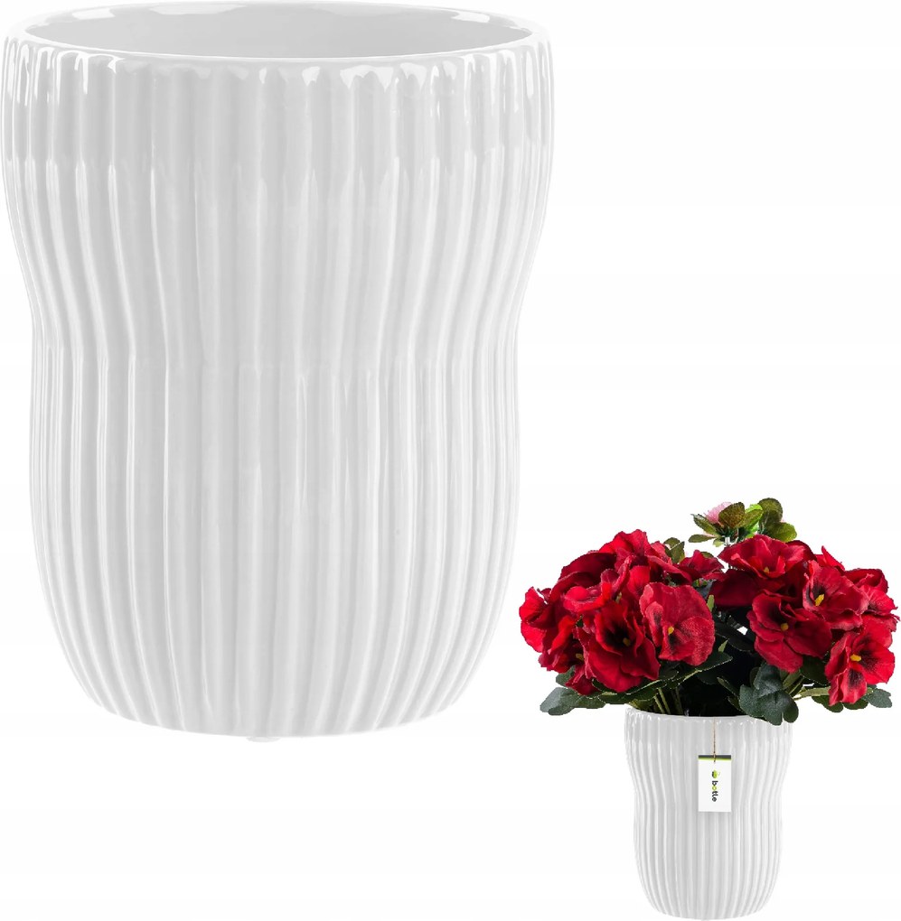 Fedő, kaspó, kerámia váza barázdált Ø13cm H16cm fehér fényes stílus