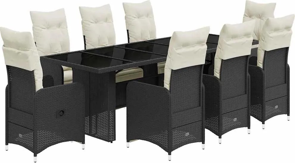 vidaXL 9 részes fekete polyrattan kerti bisztrógarnitúra párnákkal
