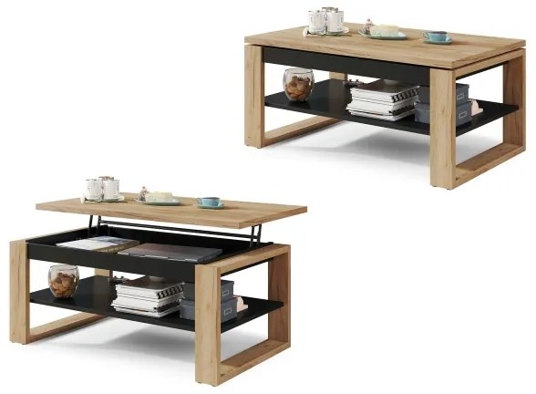 NEA konferencia asztal emelhető lappal és polccal, craft tölgy/fekete