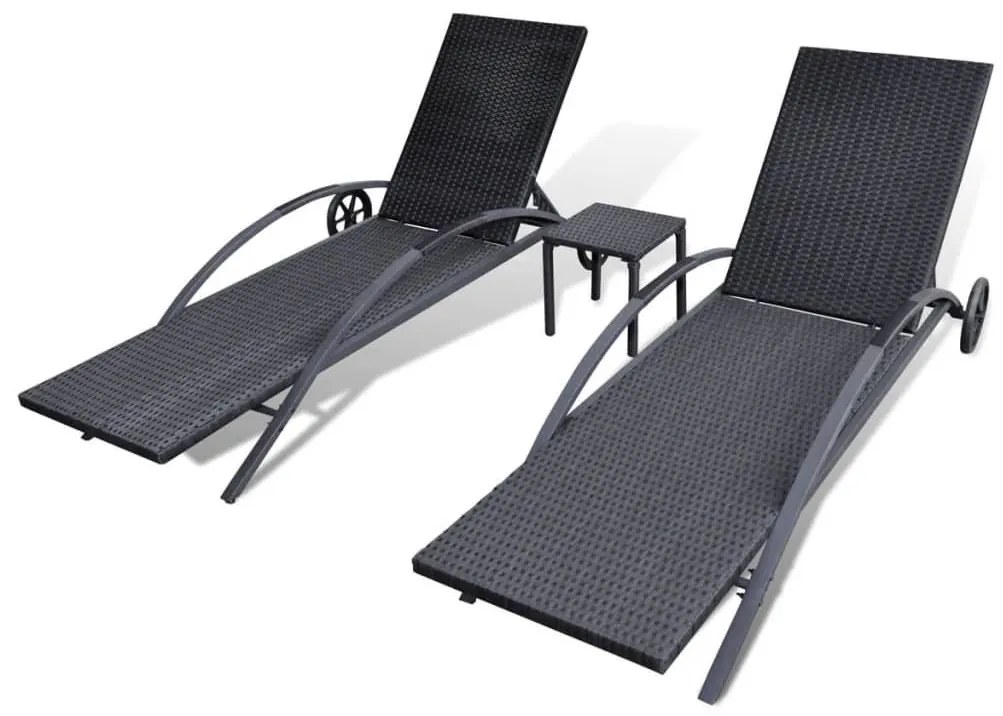 Fekete polyrattan napozóágyak asztallal