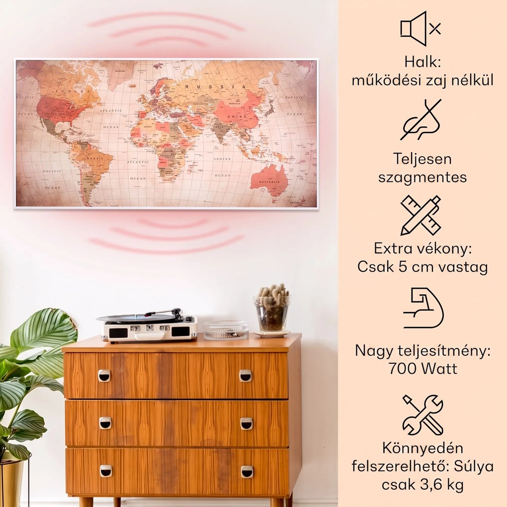 Klarstein Wonderwall Air Art Smart, infravörös hősugárzó, 120 x 60 cm, 700 W, alkalmazás, világtérkép