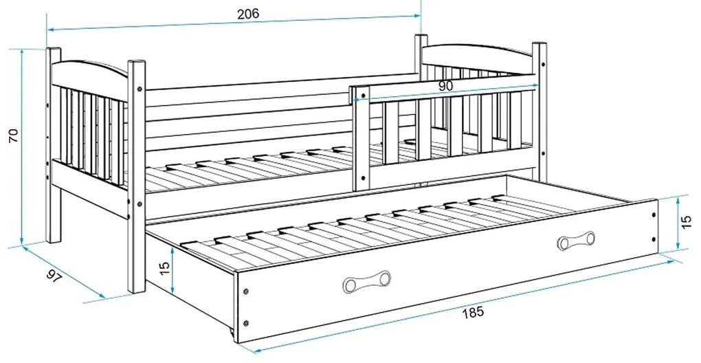 KUBUS gyerekágy kihúzható ággyal 90x200 cm - fehér Kék