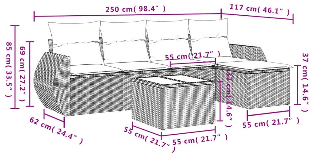 6 részes fekete polyrattan kerti ülőgarnitúra párnákkal