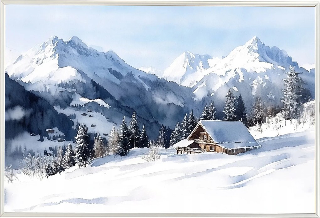 Poszter Alumínium Keret Akvarell Tájkép Hegyek Alpok Menedékház Tél 60x40