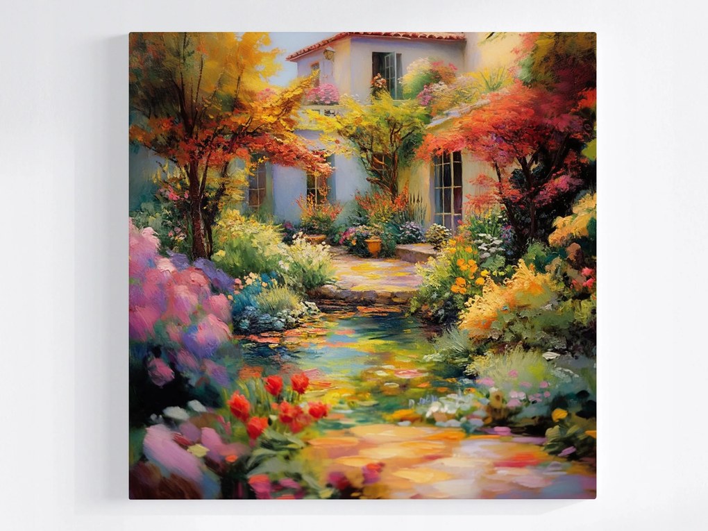 Poszter Tájkép Természet Ház Kert Növények Virágok Tó 40x40