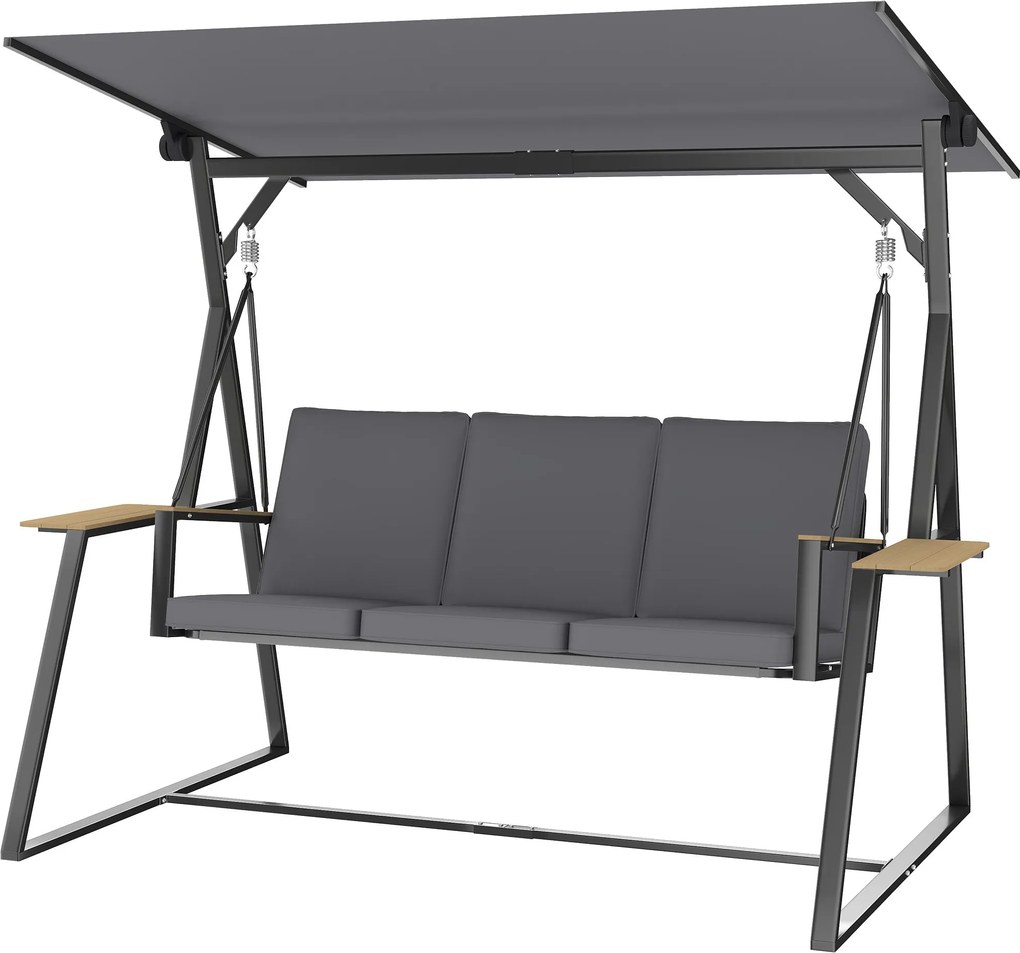 Outsunny 3 személyes kerti hinta állítható UPF50+ napellenzővel, 2 oldaltálcával, párnákkal és fémsvázzal — erkélyre, teraszra — 360 kg, 222 x 131 x 1