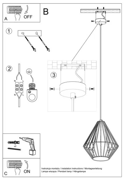Csillár zsinóron DEMI 1xE27/60W/230V fekete/fehér