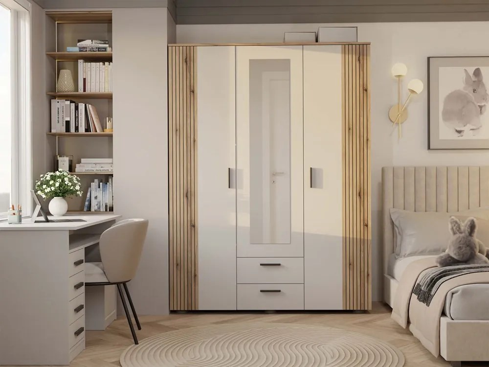 Ava 150 gardróbszekrény, 150 cm, tükörrel, 2 fiók, bordázott front, tölgy - kasmír