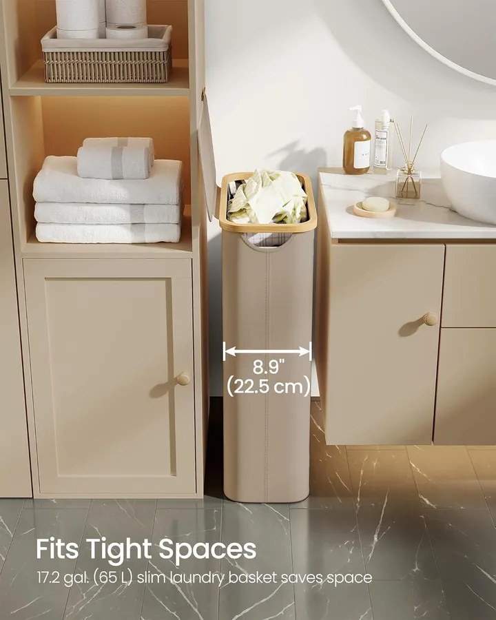 Szennyeskosár fedővel, keskeny szennyes tároló, 65 L, 42 x 22,5 x 70,5 cm, Tevebarna