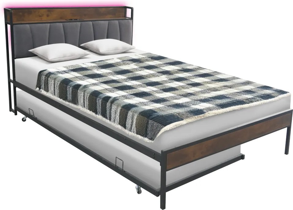 Ágy ágyráccsal és kihúzható pótággyal, 140x200, fekete/szürke, NORDO