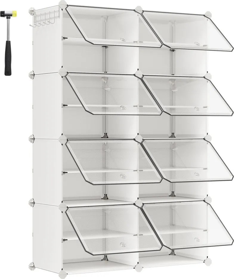 Cipőtartó, 8 rekeszes, ajtókkal, 32 pár cipőhöz, acélkeret, műanyag panel, fehér
