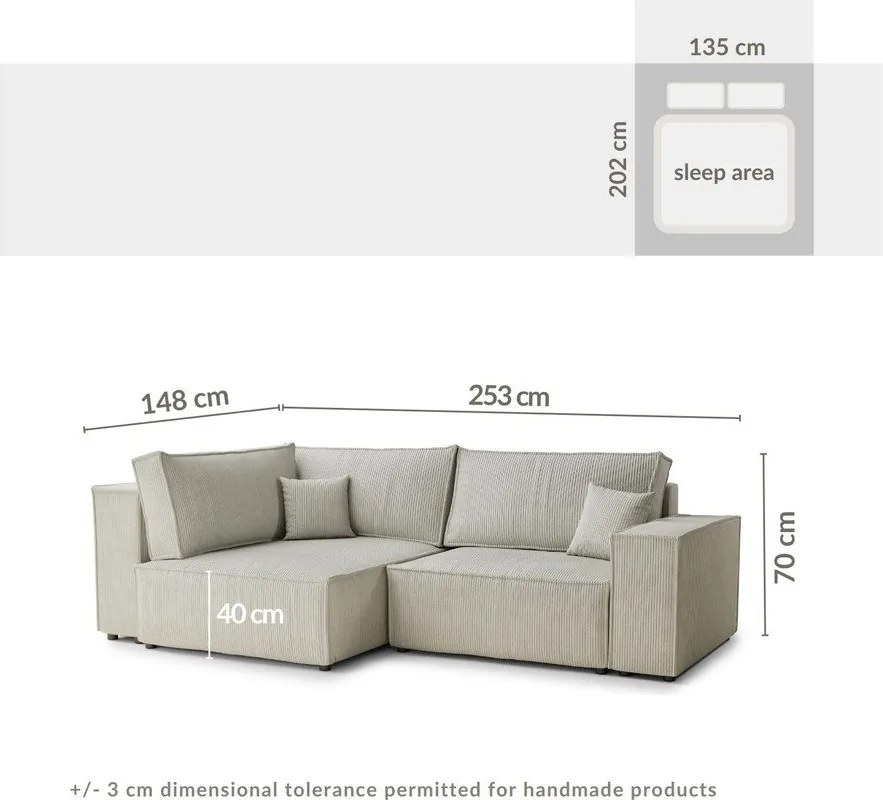 Lila kordbársony kinyitható-tárolóhelyes sarokkanapé (bal oldali-L alakú) Tonga – Maison de Rêve