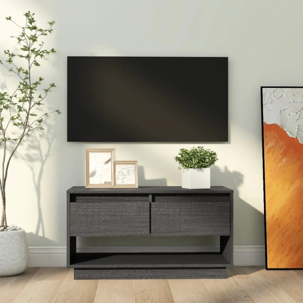 szürke tömör fenyőfa TV-szekrény 74x34x40 cm