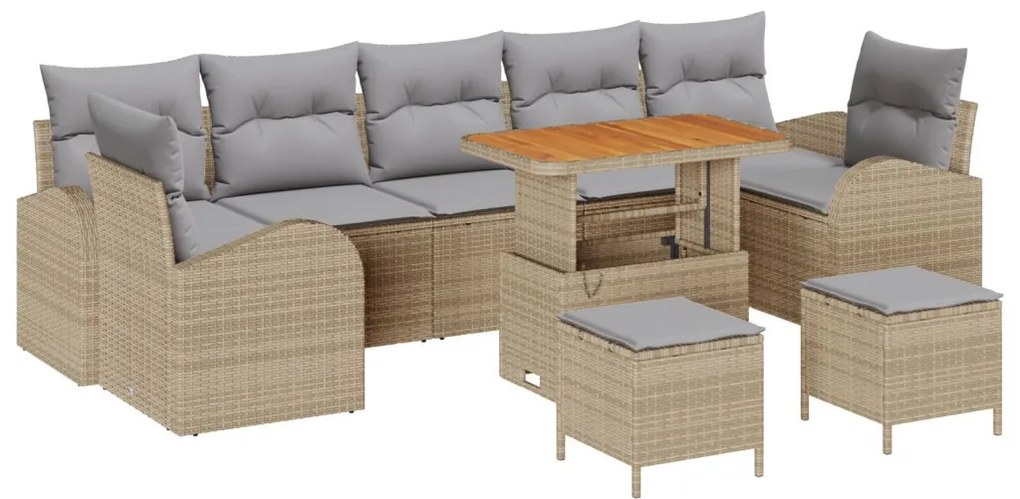 10 darabos Kerti Kanapé Szett Párnákkal Bézs Poly Rattan Akácia, 2 fős Kerti Kanapé Párnákkal Bézs Poly Rattan, 3 darabos Kerti Étkező Szett Párnákkal Bézs Poly Rattan Akácia