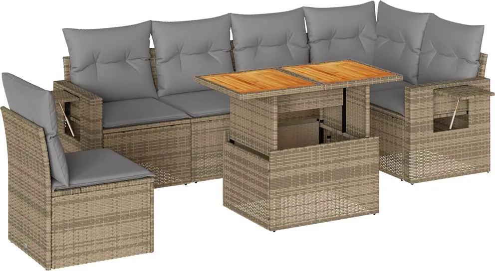 vidaXL 7 részes bézs polyrattan kerti ülőgarnitúra párnákkal